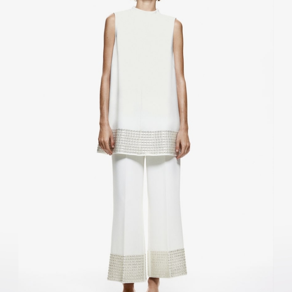 H&M Bead-embellished Top.TOP ONLY White BNWT. Pants Separately sold